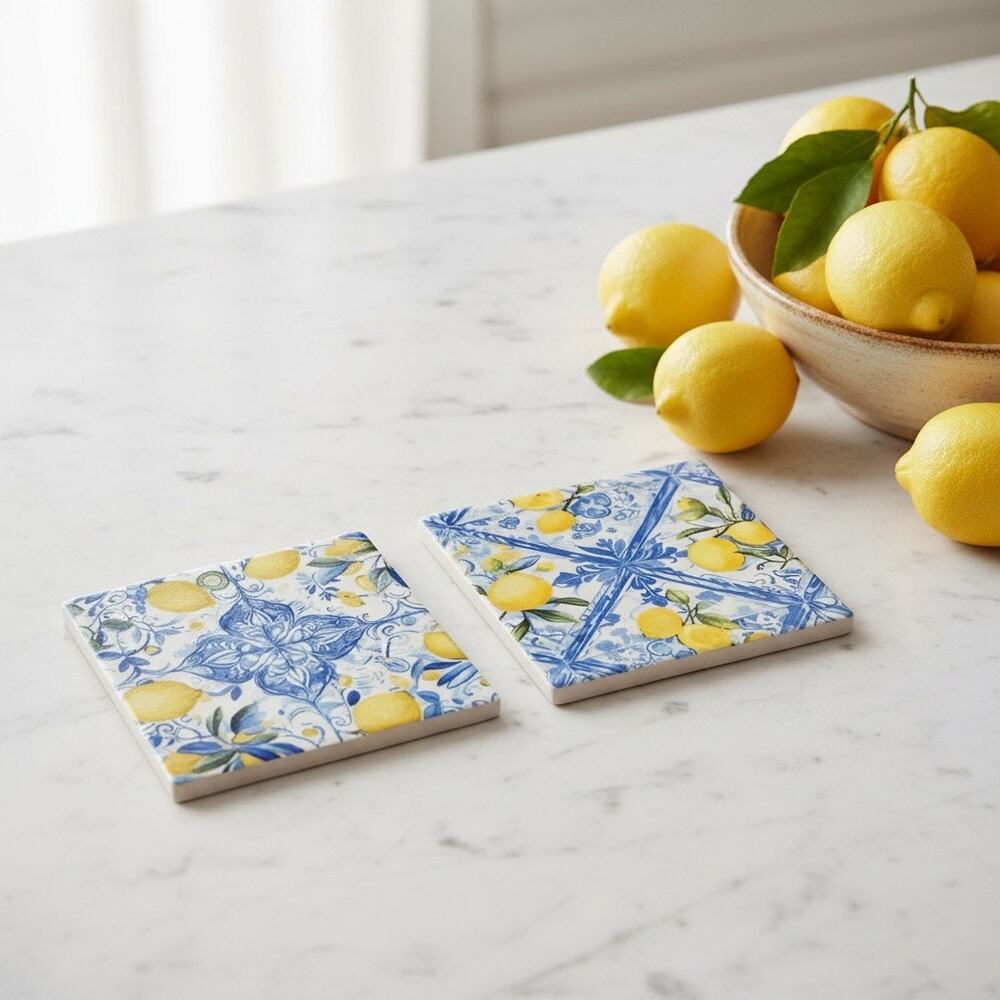 Lemon Ceramic Tile Coasters Set of 2 | Mediterranean Coastal Kitchen Decor